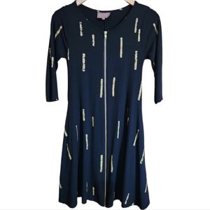 BEL KAZAN XS BLACK & GOLD ZIP DOWN MIDI SHIFT DRESS